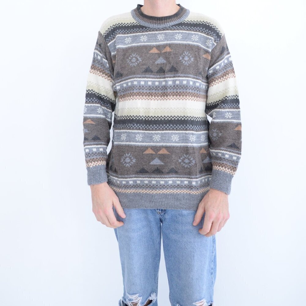 VTG Marks & Spencer By St Michael Blue Taupe Geometric Shape Crewneck Sweater M